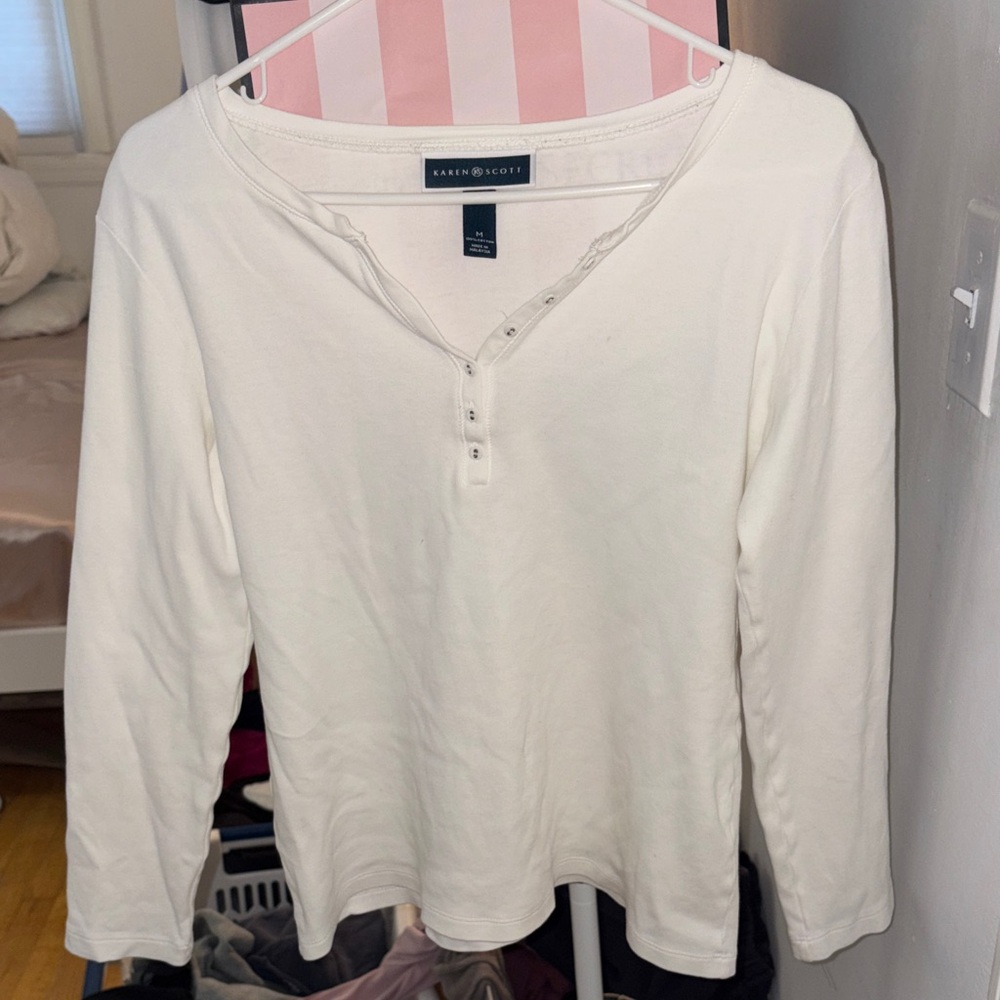 Karen Scott Cream Henley Long-Sleeve Top